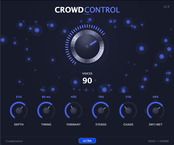 CrowdControl plugin interface showing 90 voices with chrome hero knob and animated crowd visualization
